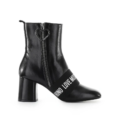 Shop Love Moschino Black Leather Logo Ankle Boot