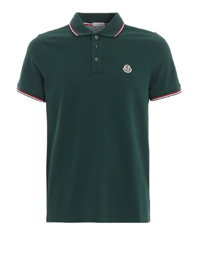 Shop Moncler Tricolour Trim Green Cotton Pique Polo Shirt In Black
