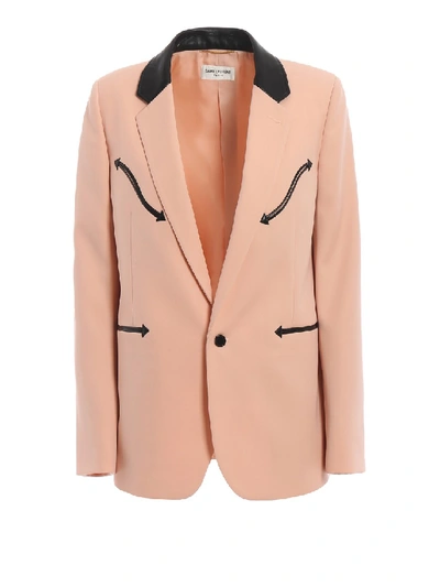 Shop Saint Laurent Leather Trimmed Pink Wool Blazer In Neutrals