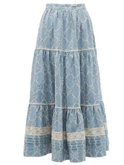 Shop Gucci Tiered Gg Broderie-anglaise Cotton Skirt In Grey