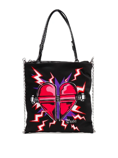 Shop Prada Heart Print Nylon North South Tote In Black