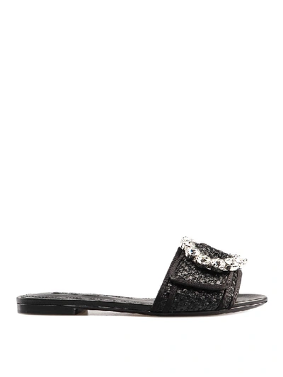 Shop Dolce & Gabbana Bianca Jewelled Raffia Flat Sandals In Black