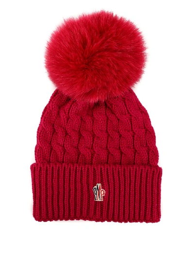 Shop Moncler Fur Pompom Fuchsia Cable Knit Wool Beanie In Red