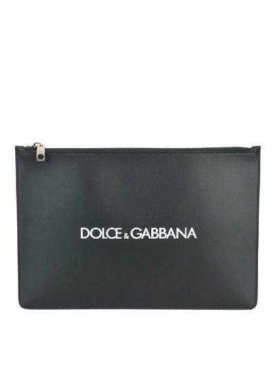 Shop Dolce & Gabbana Logo Print Leather Clutch In Grey