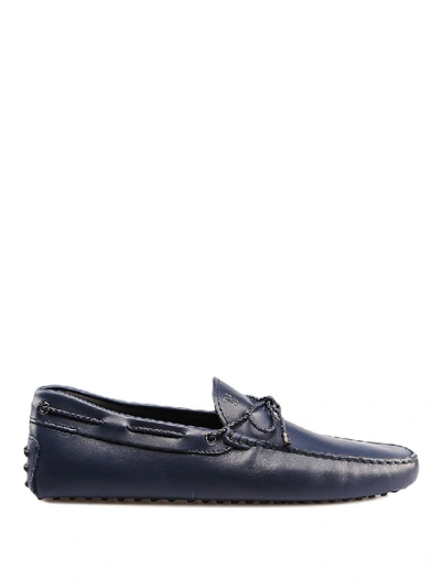Shop Tod's Laces Detailed Blue Leather Loafers In Black