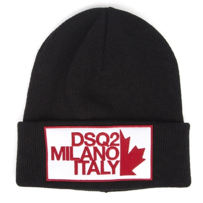 Shop Dsquared2 Black Wool Hat With Logo Patch