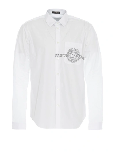 Shop Versace Medusa Detailed Chest Pocket Cotton Shirt In White