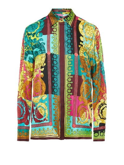 Shop Versace Voyage Barocco Print Pure Silk Shirt In Brown