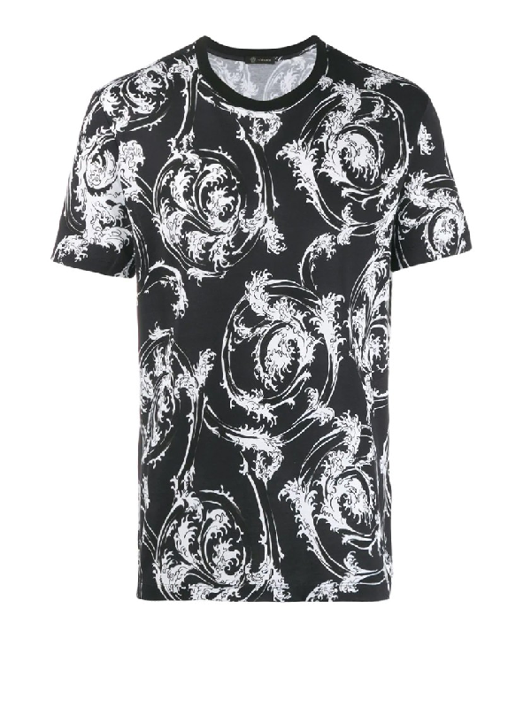 Versace White Print Detailed Black Cotton T-shirt | ModeSens