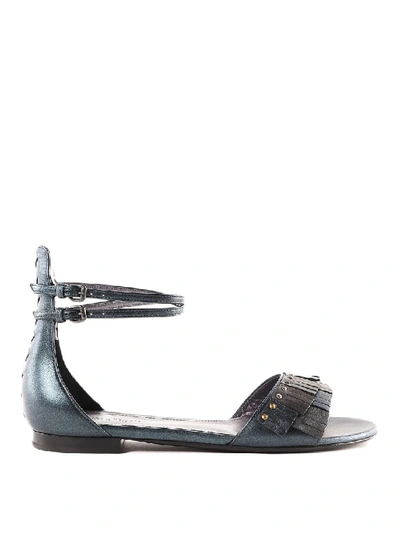 Shop Bottega Veneta Fringed Laminated Nappa Sandals In Grey