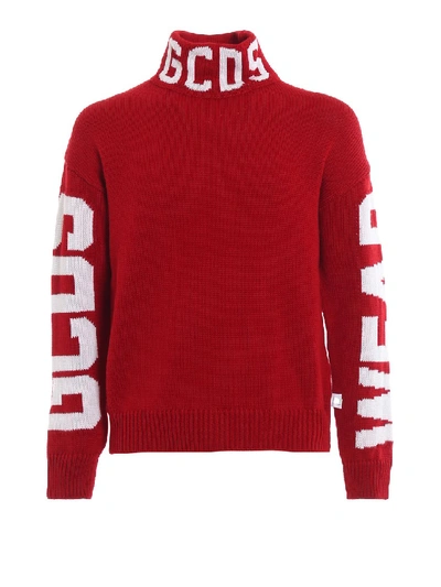 Shop Gcds Logo Intarsia Wool Blend Sweater In Red