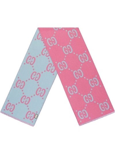 Shop Gucci Multicolor Women's Pink And Blue Gg Jacquard Wool Silk Scarf