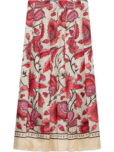 Shop Gucci Silk Skirt With Watercolor Flower Print In Neutrals