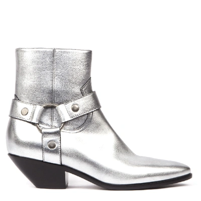 Shop Saint Laurent West Silver Leather Ankle Boots In White