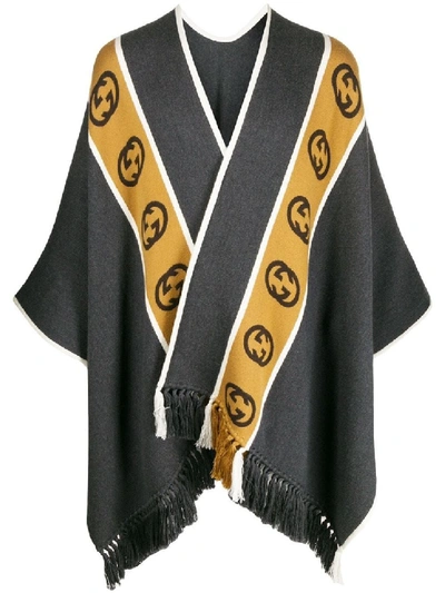 Shop Gucci Grey Men's Wool Poncho With Interlocking G Stripe In Black