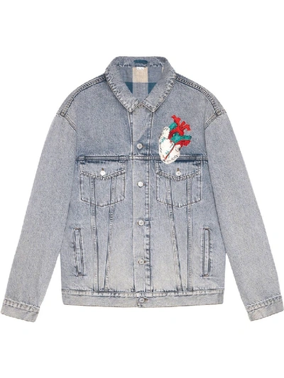 Shop Gucci Embroidered Oversize Denim Jacket In White