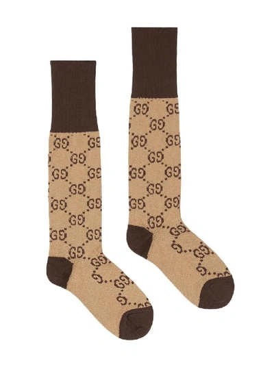 Shop Gucci Brown Women's Gg Supreme Knit Socks In Neutrals