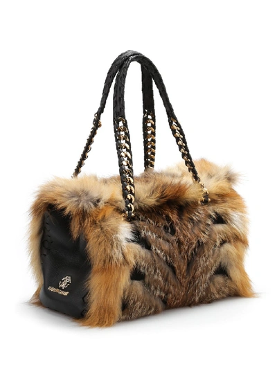Shop Roberto Cavalli Fox Fur Bowler Bag In Brown