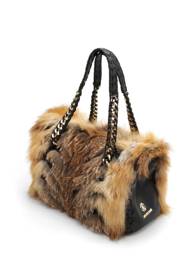 Shop Roberto Cavalli Fox Fur Bowler Bag In Brown