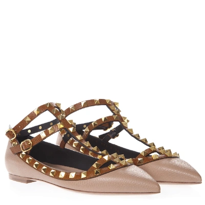 Shop Valentino Rockstud Nude & Camel Leather Ballerina Slipper In Pink