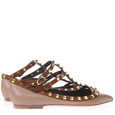 Shop Valentino Rockstud Nude & Camel Leather Ballerina Slipper In Pink