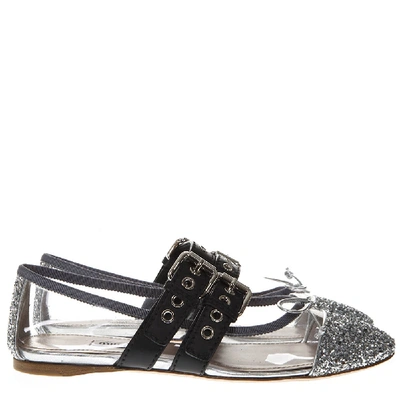 Shop Miu Miu Black & Silver Pvc & Leather Pointy Buckled Slippers In Grey