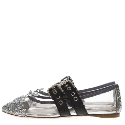 Shop Miu Miu Black & Silver Pvc & Leather Pointy Buckled Slippers In Grey