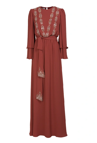 Shop Amal Al Raisi Embroidered Two Tiered Kaftan In Red