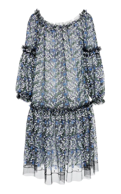Shop Luisa Beccaria Floral Embroidered Midi Dress In Grey