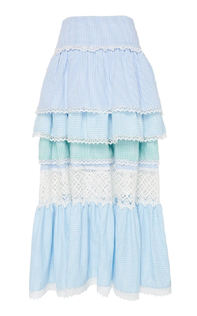 Shop Luisa Beccaria Gingham Multi Tone Ruffled Skirt In Blue
