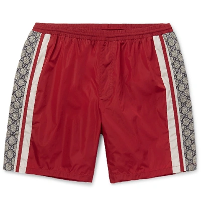 Shop Gucci Long-length Striped Logo-print Swim Shorts In Red