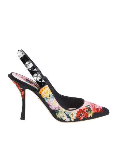 Shop Dolce & Gabbana Sling Back In Printed Charmeuse With Embroidery In Black