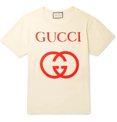 Shop Gucci Logo-print Cotton-jersey T-shirt In Neutrals