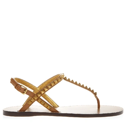 Shop Valentino Camel Color Rickstud Leather Flip Flops Sandals In Neutrals