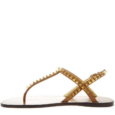 Shop Valentino Camel Color Rickstud Leather Flip Flops Sandals In Neutrals
