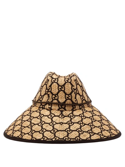 Shop Gucci Gg-logo Wide-brimmed Raffia Hat In Brown