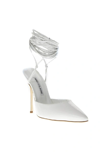 Shop Manolo Blahnik Patent White High Leather Sandals