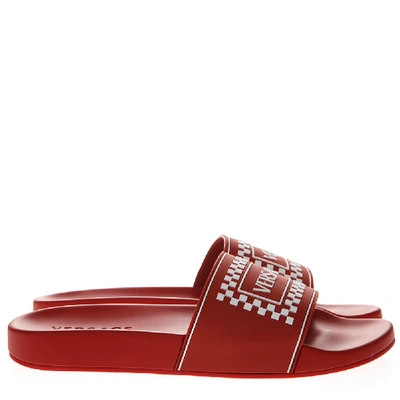 Shop Versace Red Leather Slides With  Logo
