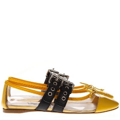 Shop Miu Miu Yellow Pvc & Leather Pointy Buckled Slippers In Brown