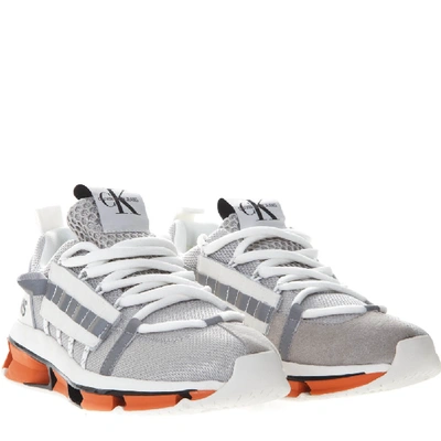 Shop Calvin Klein White And Grey Sneakers In Mesh And Suede