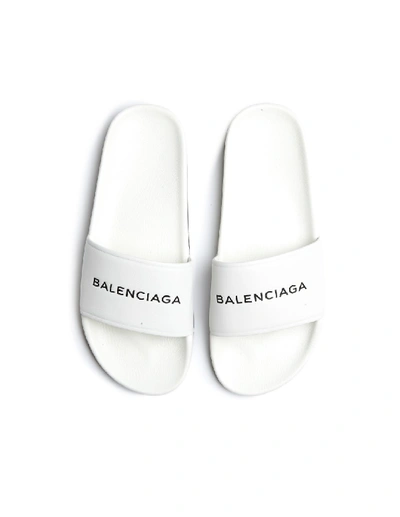 Shop Balenciaga Piscine White Leather Slides In Neutrals