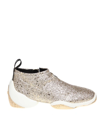 Shop Giuseppe Zanotti Sneakers In Glittered Fabric Platinum Color In Grey