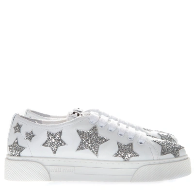 Shop Miu Miu White Leather Glitter Stars Sneakers
