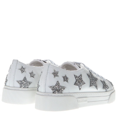 Shop Miu Miu White Leather Glitter Stars Sneakers