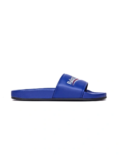 Shop Balenciaga Piscine Blue Leather Slides