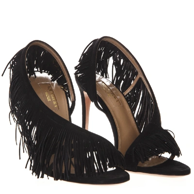 Shop Aquazzura Wild Fringe Black Suede Sandals