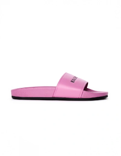 Shop Balenciaga Pool Leather Logo Slides In Pink