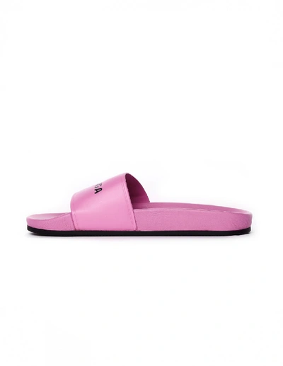 Shop Balenciaga Pool Leather Logo Slides In Pink