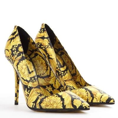 Shop Versace Black & Gold Leather Baroque Pumps In Brown
