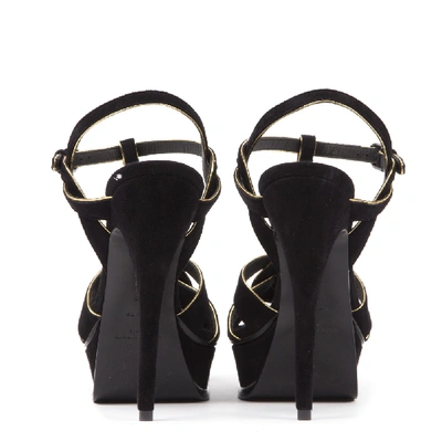 Shop Saint Laurent Tribute Black Suede Sandals With Gold Leather Trim